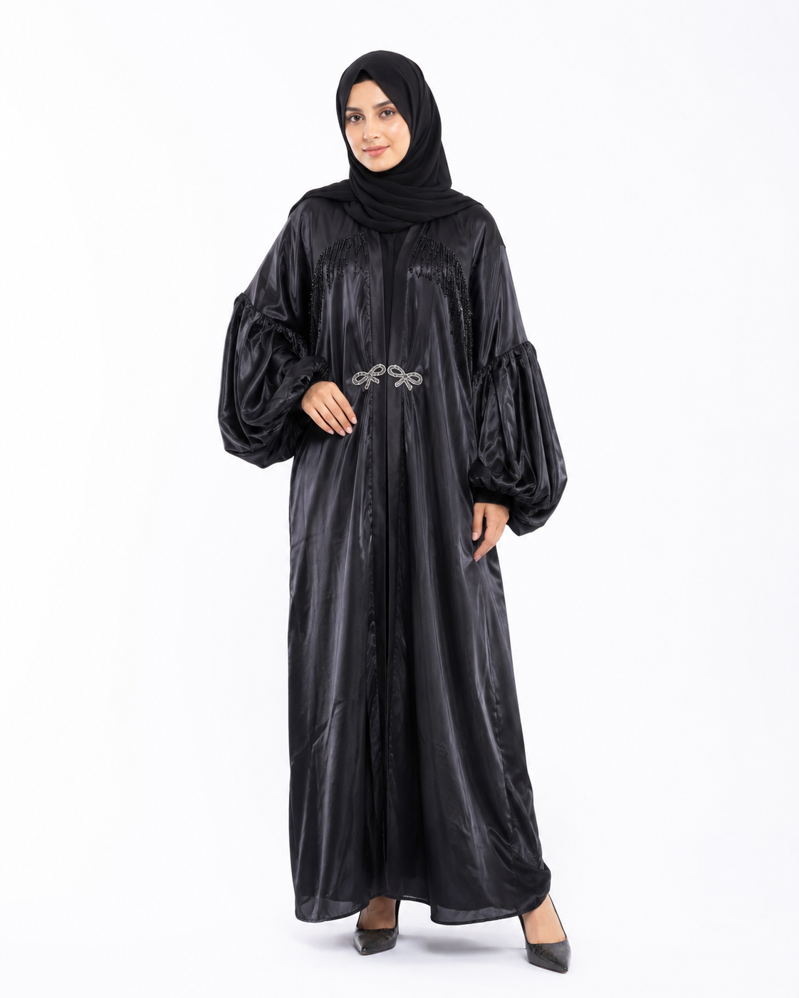 Black Shimmer Balloon Sleeve Front Open Abaya